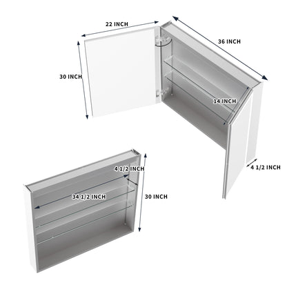 ExBrite 36"W x 30"H LED Medicine Cabinet with Anti-Fog, Stepless Color Temperature and Dimming, Adjustable Shelves, Aluminum Frame, Recessed or Surface Mount - ExBriteUSA