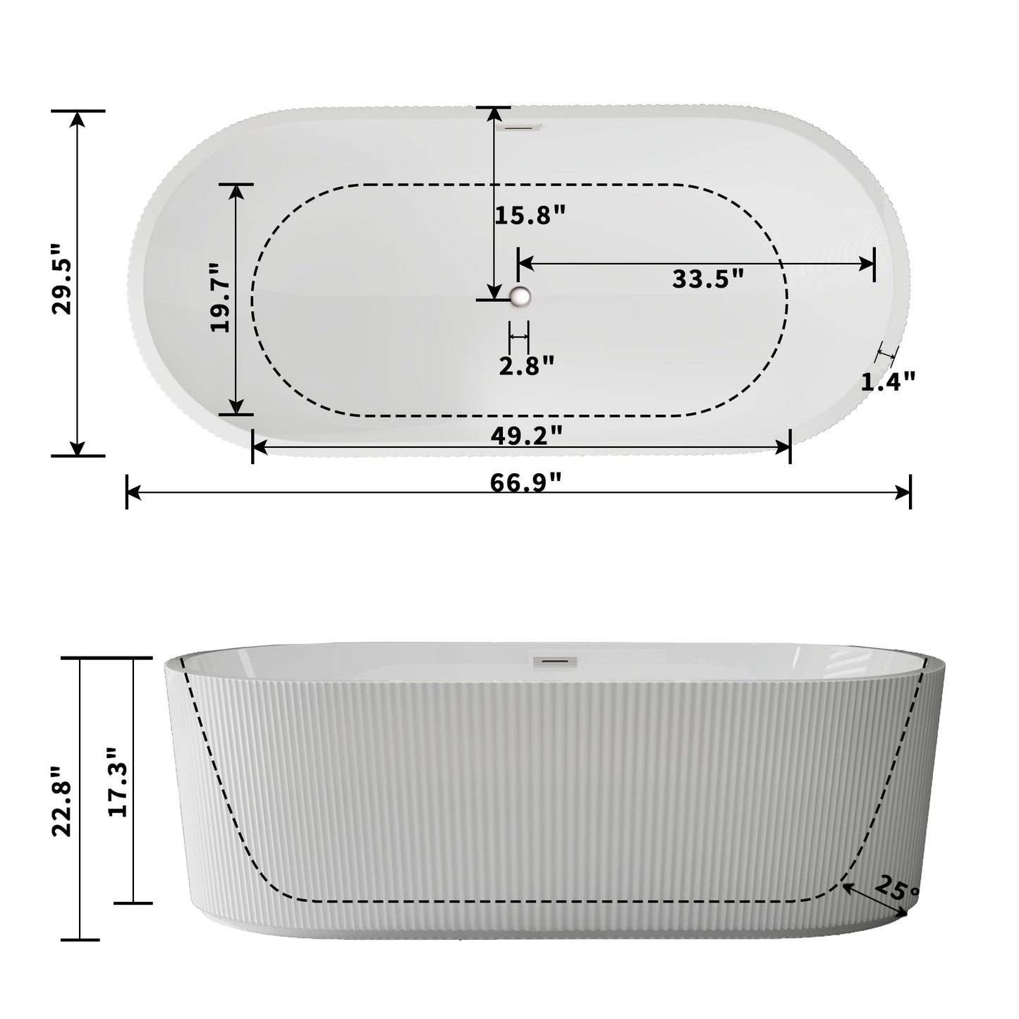 WSP-NK Exbrite 67' Acrylic Freestanding Bathtub, Unique Pleated Design, Glossy White,  Brushed Nickel  Overflow and Pop-Up Drain, cUPC Certified