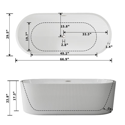 WSP-NK Exbrite 67' Acrylic Freestanding Bathtub, Unique Pleated Design, Glossy White,  Brushed Nickel  Overflow and Pop-Up Drain, cUPC Certified