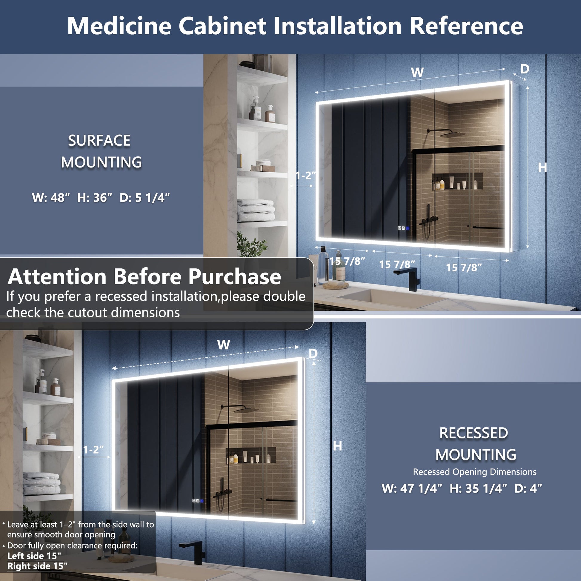 Medicine cabinet installation reference with surface and recessed mounting dimensions.