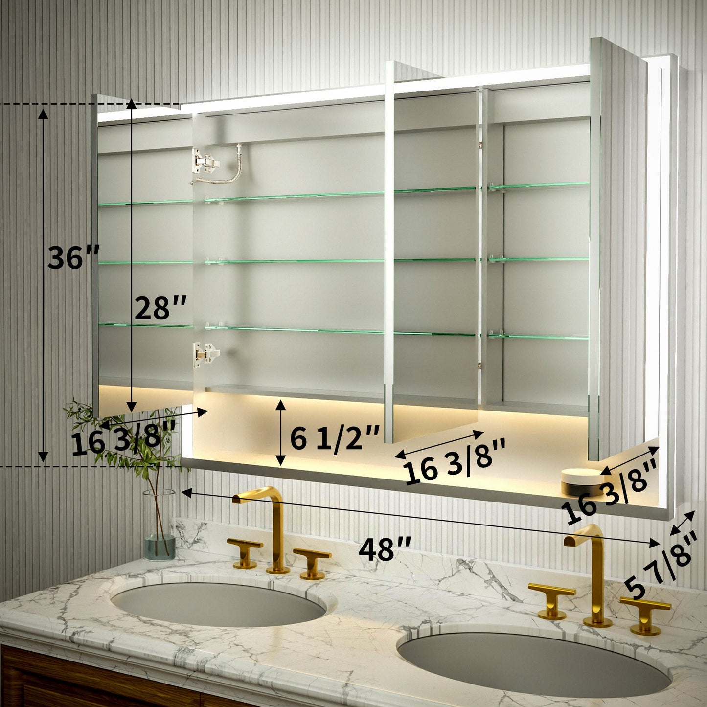 Ample 48" W x 36" H LED Lighted Chrome Medicine Cabinet with Mirror and Shelves for Bathroom Recessed or Surface Mount