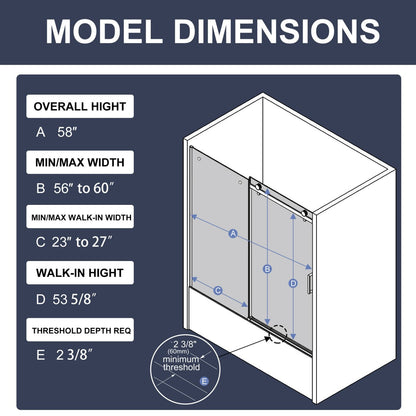 Zephyr 56-60" Semi-Frameless Single Sliding Tub Door,Chrome,Bypass Bathtub Shower Tempered Glass Door with Explosion-Proof Film