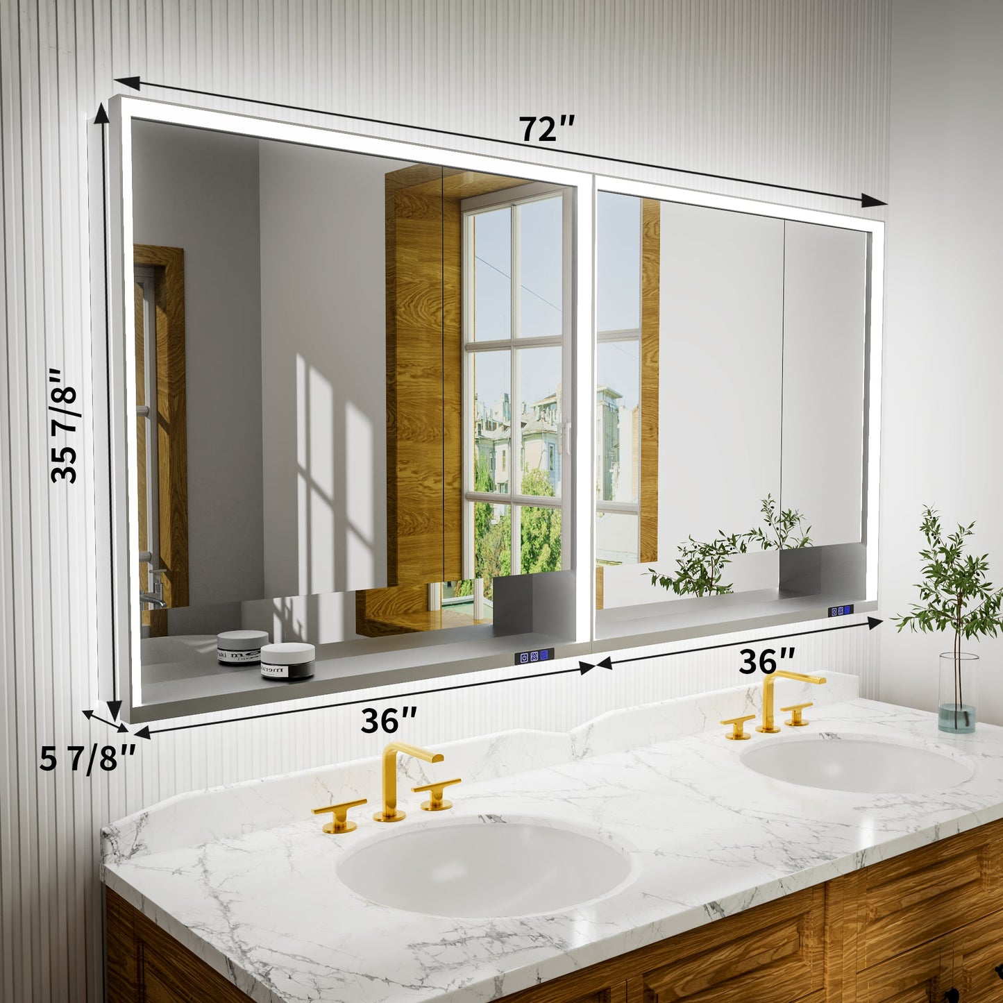 Ample 72" W x 36" H Wall Mounted Bathroom Medicine Cabinets with LED Lights, Mirror, and Shelves for Recessed or Surface Mount