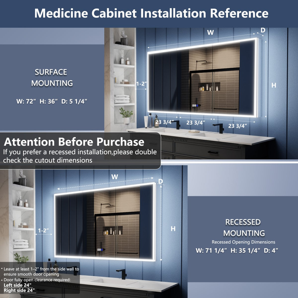 Illusion 72" x 36" LED Lighted Medicine Cabinet with Magnifiers Front and Back Light