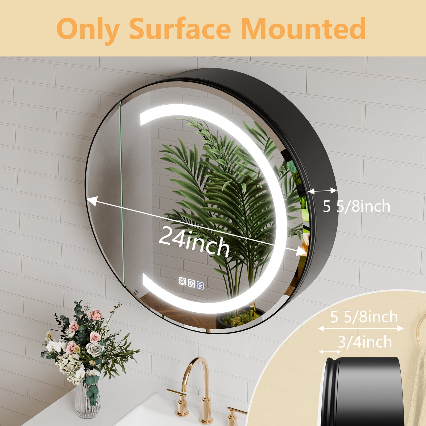 Hola 24" Round LED Medicine Cabinet �C Black Frame, Anti-Fog, Dimmable Lighting, Surface Mount - ExBriteUSA