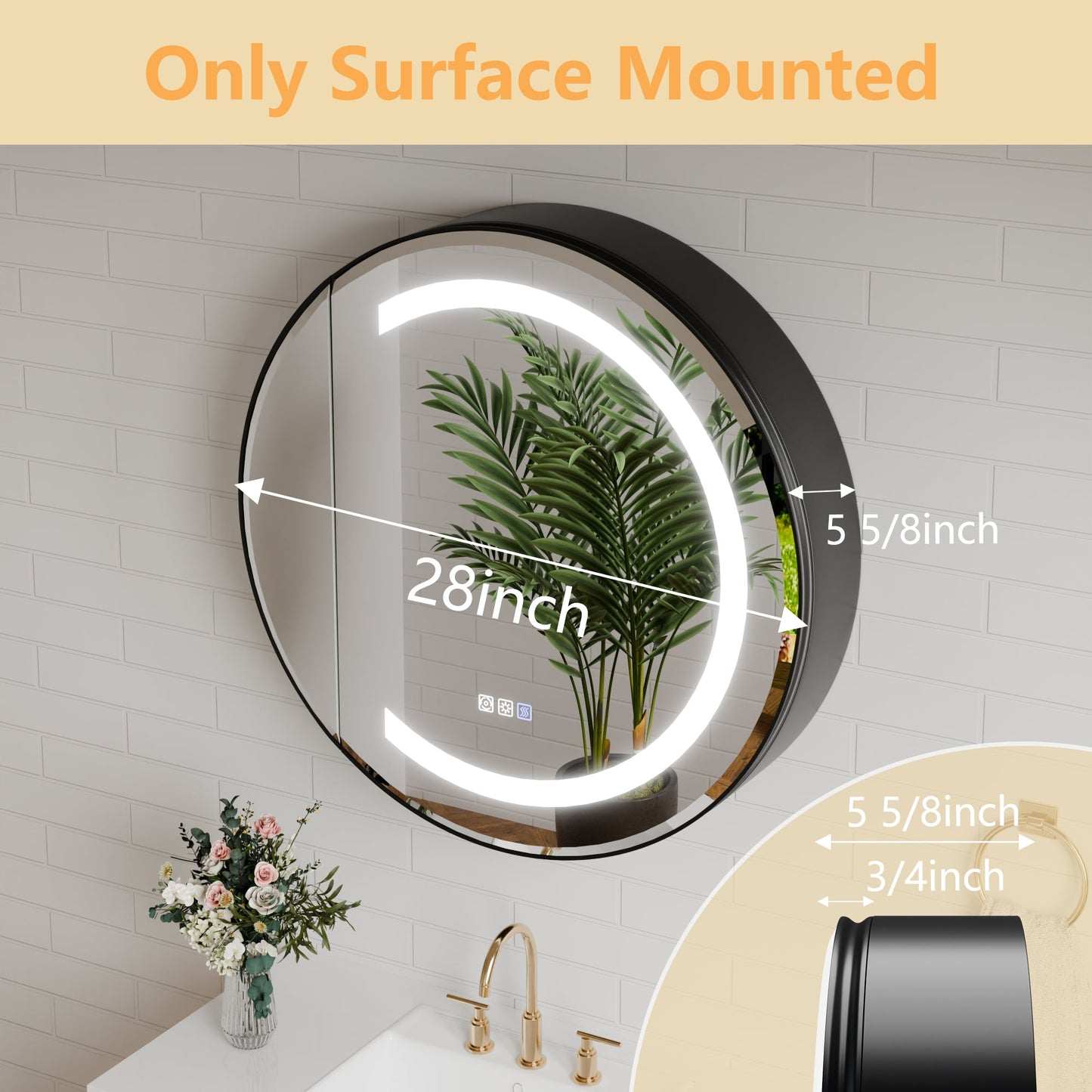 Hola 28" Round LED Medicine Cabinet �C Black Frame, Anti-Fog, Dimmable Lighting, Surface Mount - ExBriteUSA