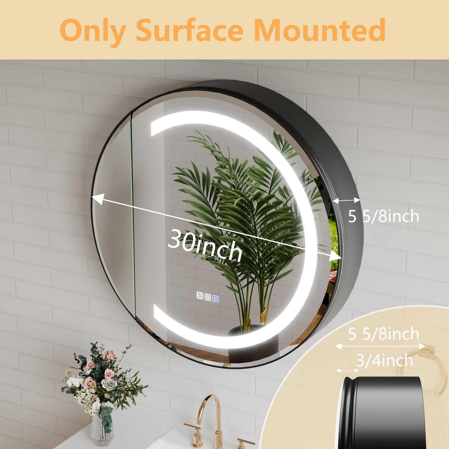 Hola 30" Round LED Medicine Cabinet �C Black Frame, Anti-Fog, Dimmable Lighting, Surface Mount - ExBriteUSA