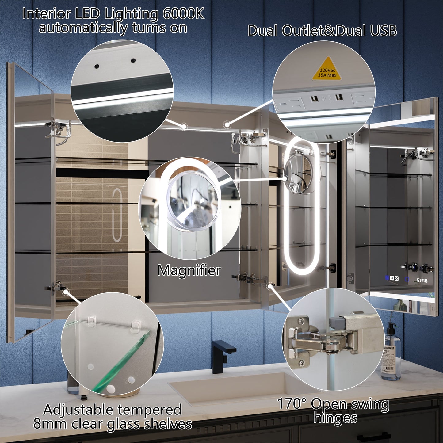 Illusion LED lighted medicine cabinet with magnifiers, adjustable shelves, dual outlets, USB ports, and 170° hinges for bathroom.