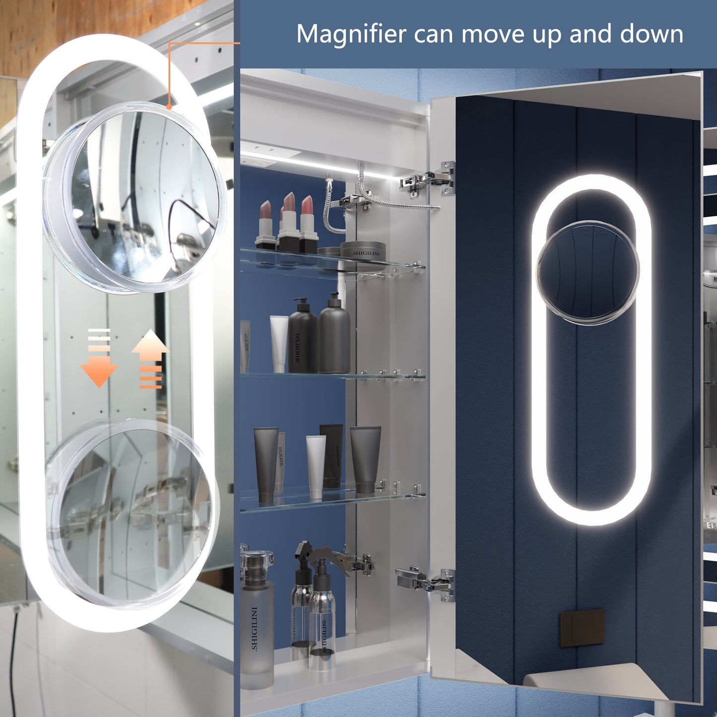 Illusion 48x32 LED lighted medicine cabinet with magnifiers, front and back light, outlets, and enhanced lighting control.