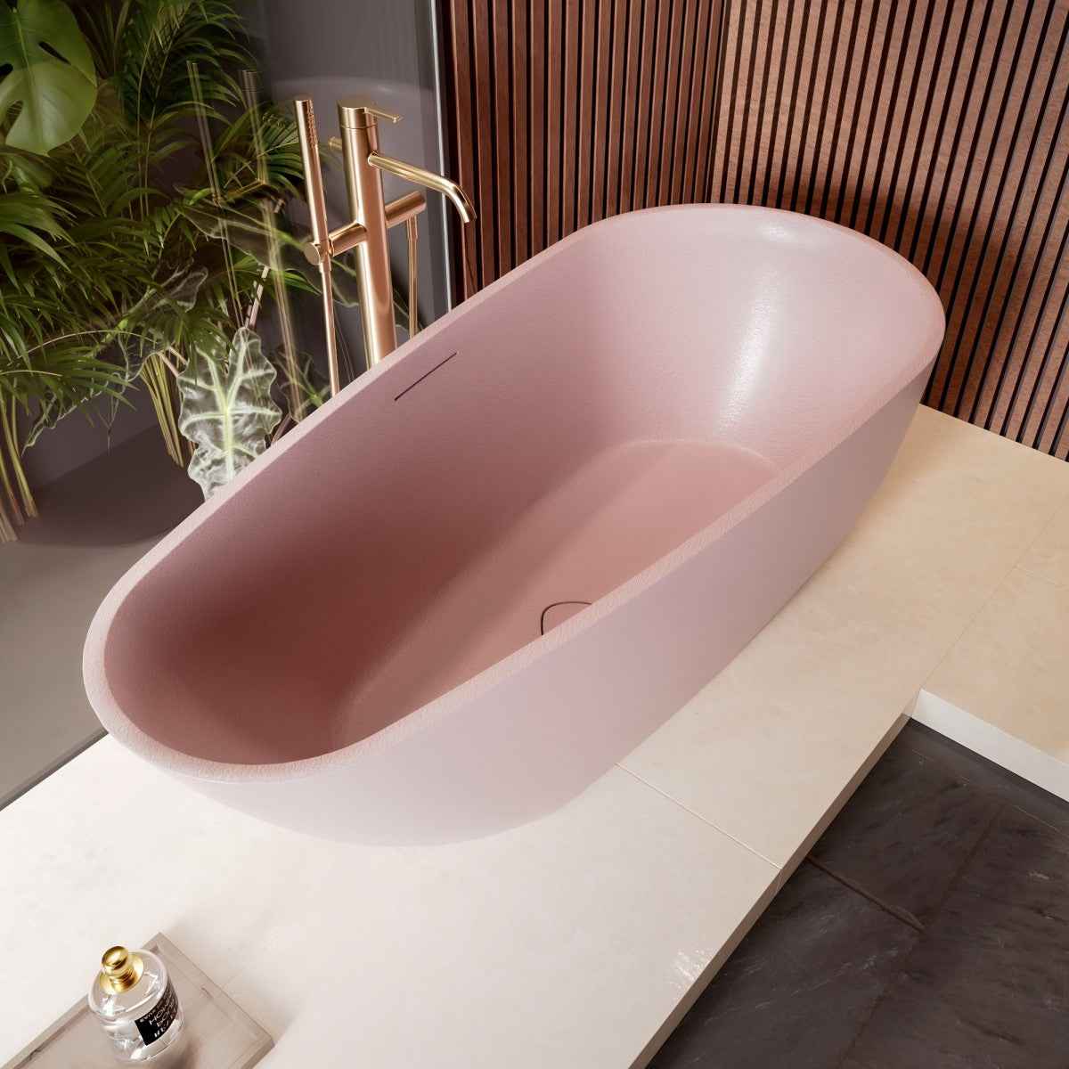 Allsumhome RockE 59" Imitation Natural Stone Freestanding Bathtub,Stone Touch,Pink,Scratch-proof,cUPC Certified,No Drain