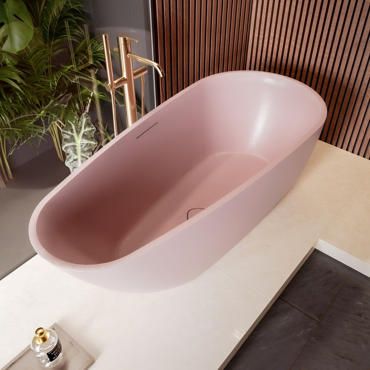 Allsumhome RockE 67" Oval Solid Surface Stone Freestanding Bathtub,Stone Touch,Pink,Scratch-proof,cUPC Certified,No Drain
