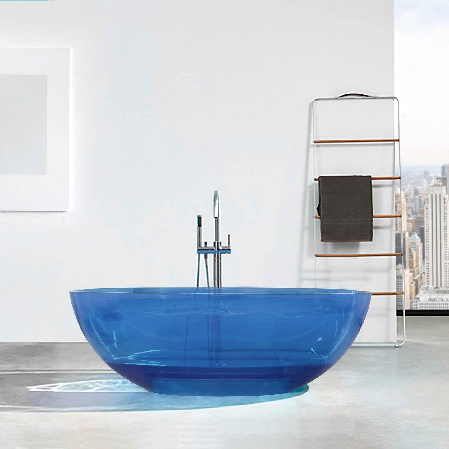 RS 64 inch Transparent Blue Oval Shape Freestanding Soaking Bathtub For The Bathroom