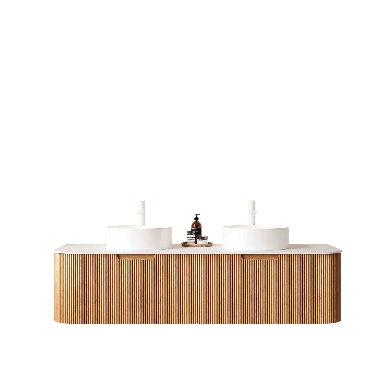 ExBrite DN 60' Bathroom Vanity with Sinks, Wall-Mounted Floating Curved Edges Striped Bathroom Storage Cabinet with 2 Drawers, 2 White Round Ceramic Basins, NO Faucet, Pre-assembled, Natural Woodgrain Color