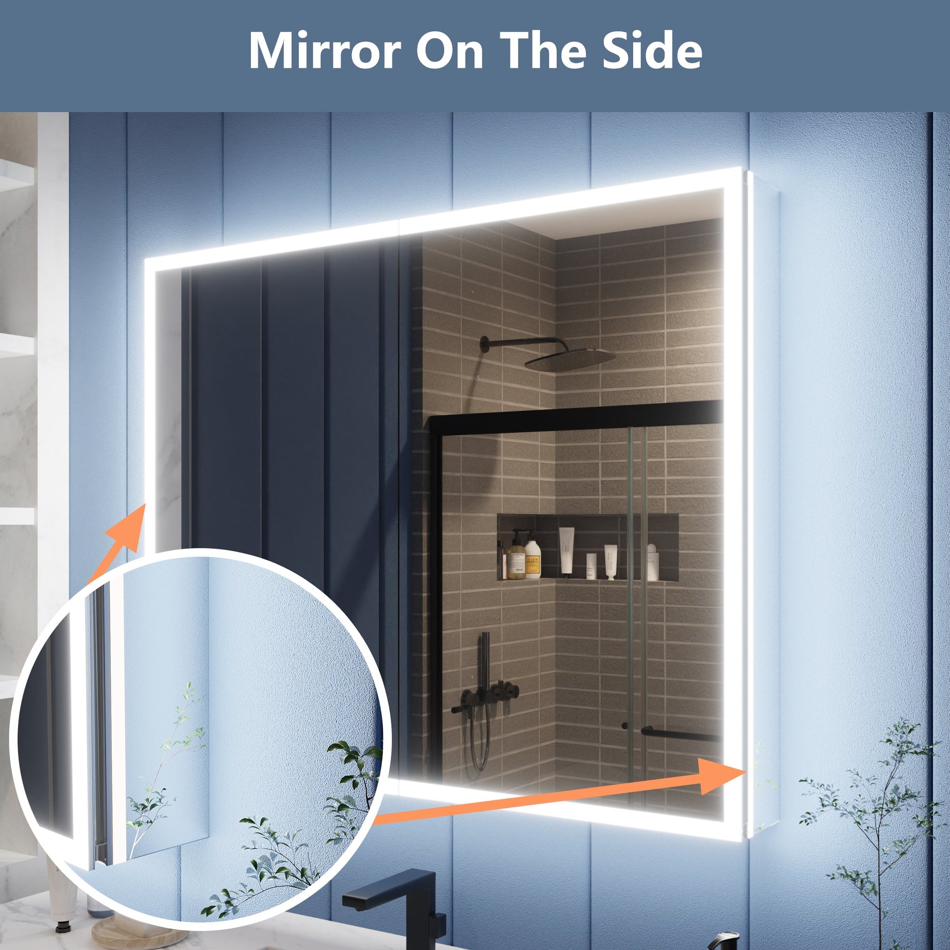 Illuminated bathroom medicine cabinet with mirror, showcasing side and front lighting in a modern bathroom setting.