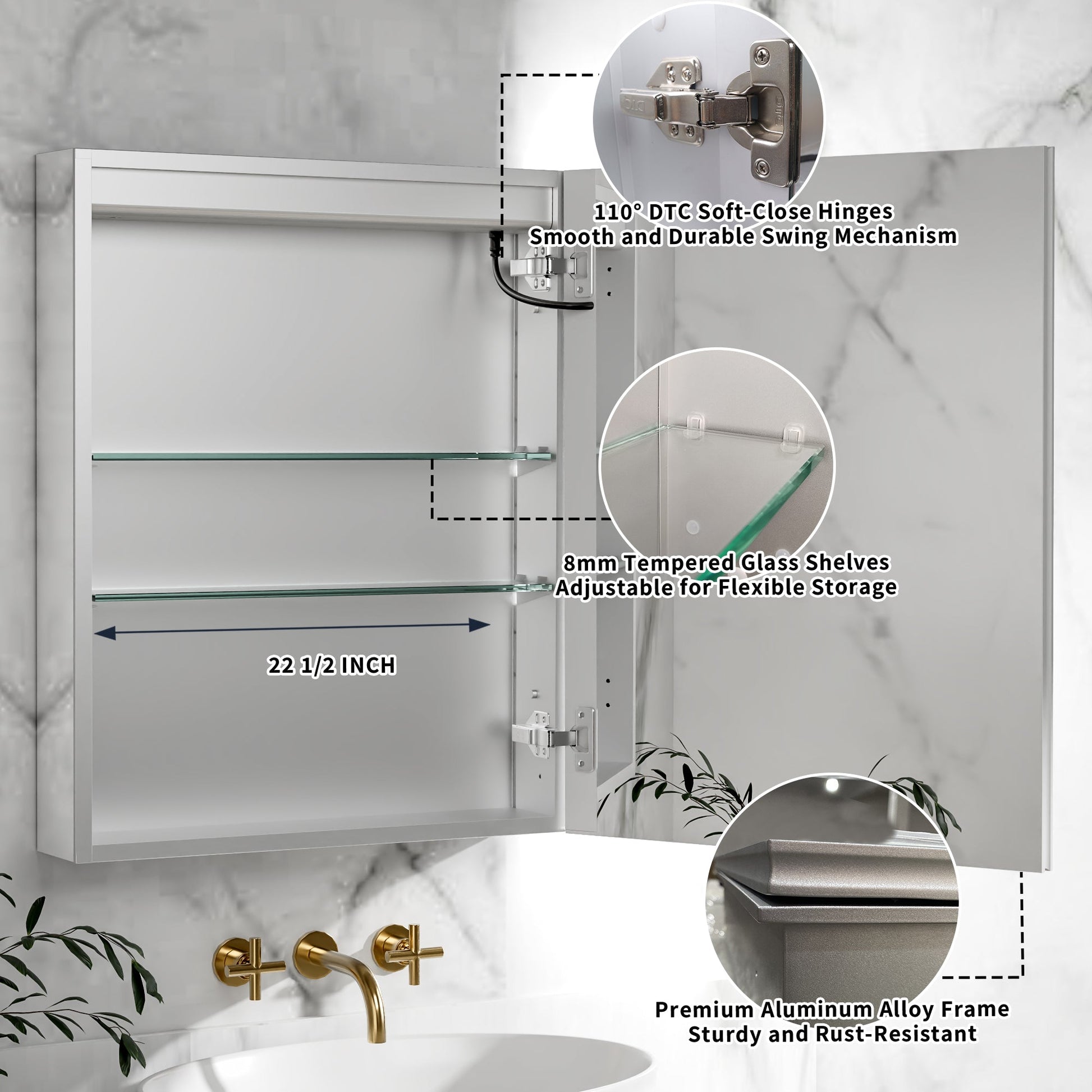 ExBrite 24"W x 30"H LED Medicine Cabinet with Anti-Fog, Stepless Color Temperature and Dimming, Adjustable Shelves, Aluminum Frame, Recessed or Surface Mount, Hinge on Right - ExBriteUSA