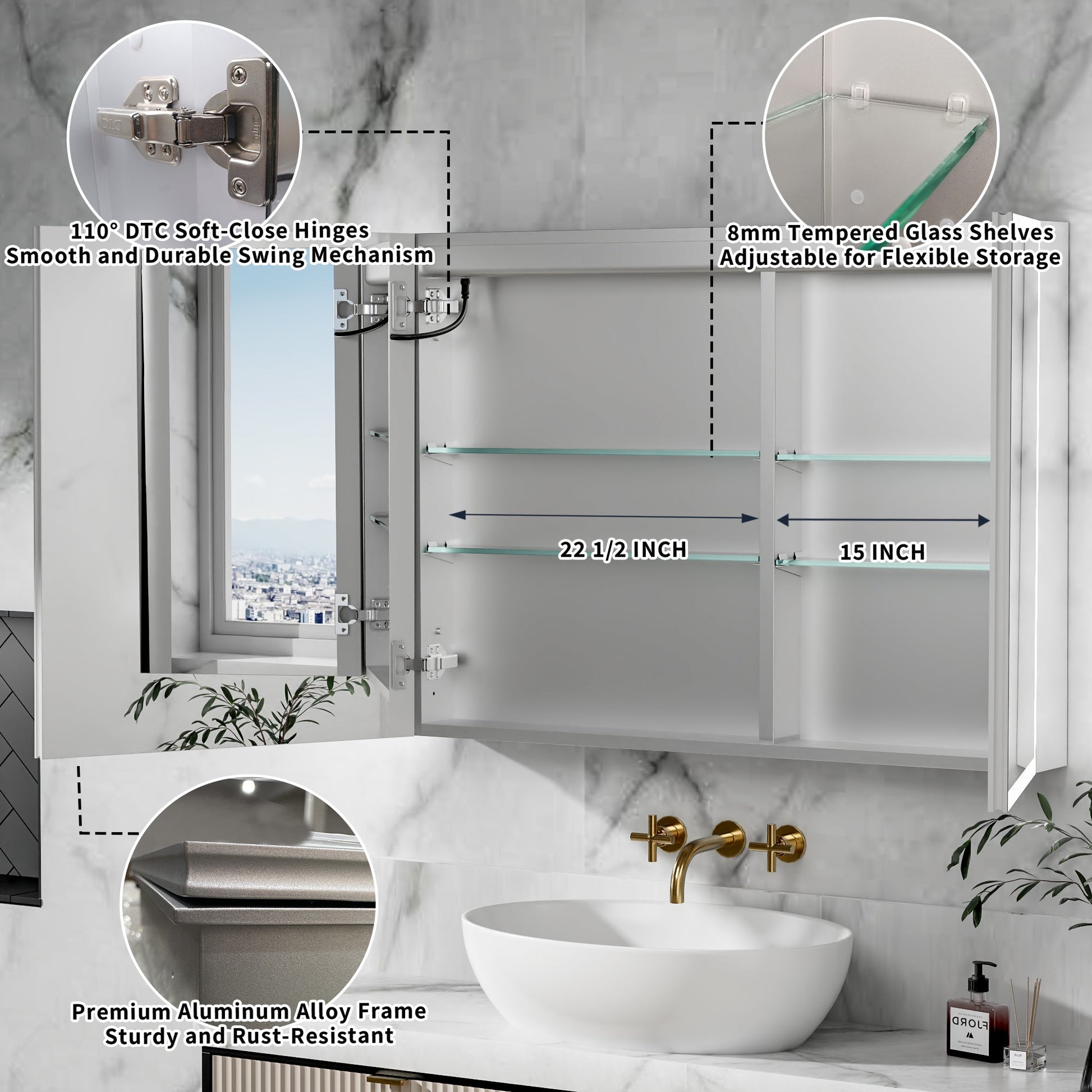 ExBrite 40"W x 30"H LED Medicine Cabinet with Anti-Fog, Stepless Color Temperature and Dimming, Adjustable Shelves, Aluminum Frame, Recessed or Surface Mount - ExBriteUSA