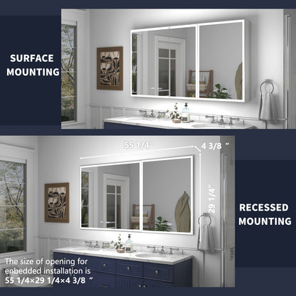 Rim 56" W x 30" H LED Lighted Medicine Cabinet Recessed or Surface with Mirrors - ExBriteUSA