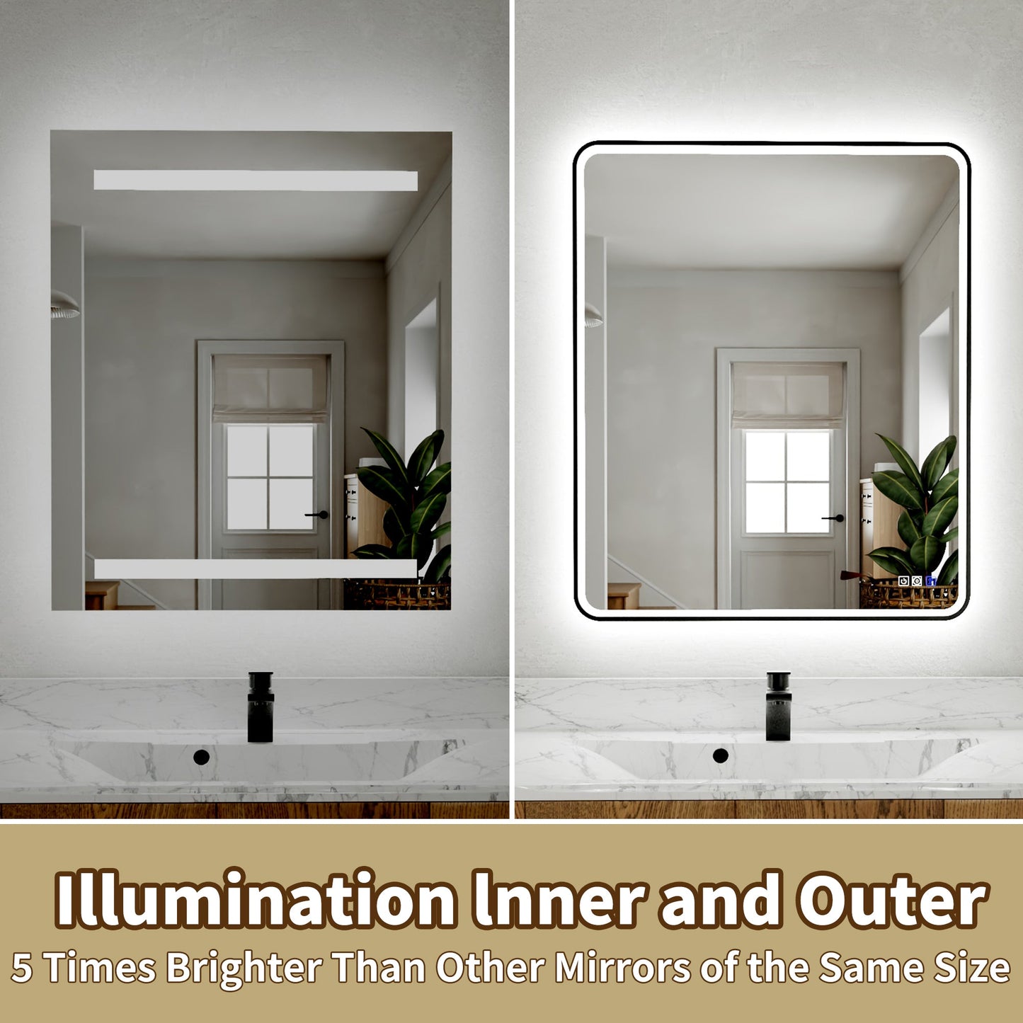 Lumina 48" W x 30" H LED Lighted Bathroom Mirror,High Illuminate, Inner & Outer Lighting,Anti-Fog, Dimmable,Black Frame with Rounded Corners
