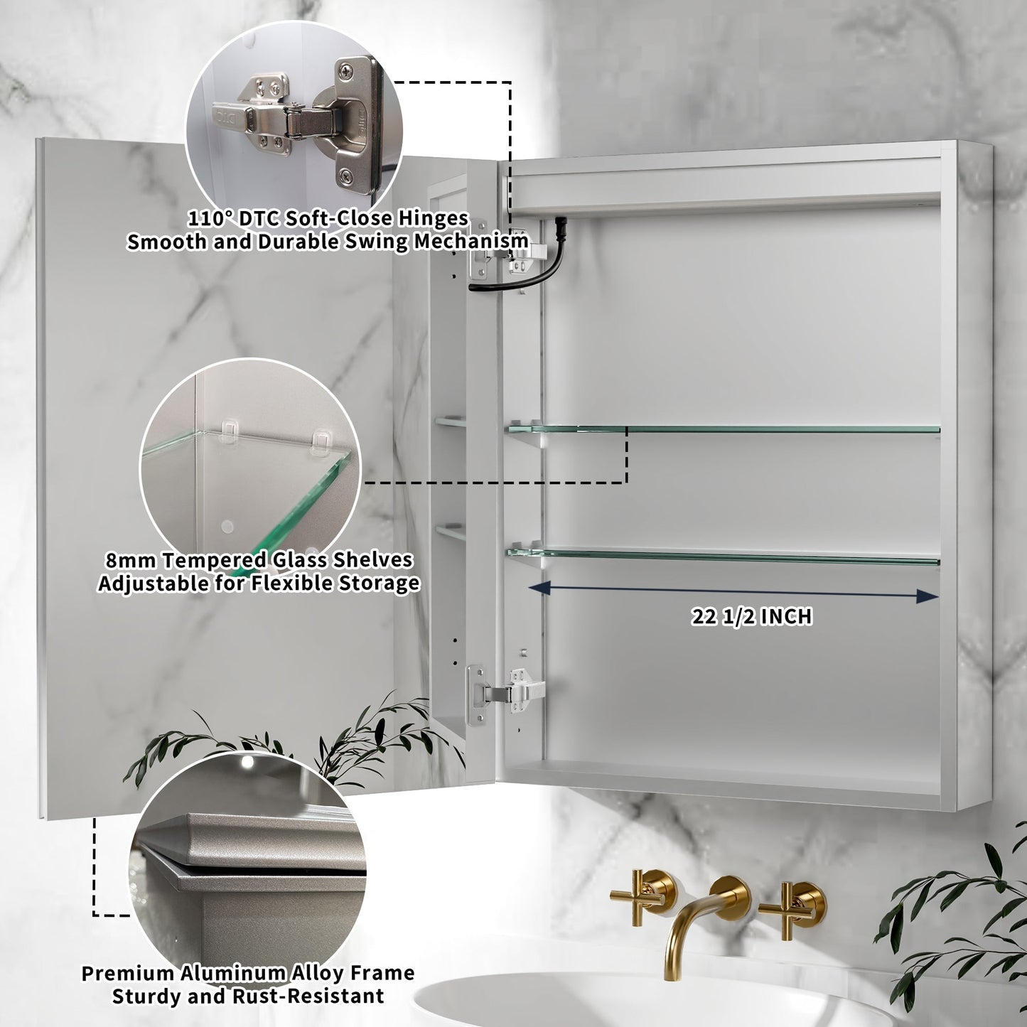 ExBrite 24"W x 30"H LED Medicine Cabinet with Anti-Fog, Stepless Color Temperature and Dimming, Adjustable Shelves, Aluminum Frame, Recessed or Surface Mount, Hinge on Left - ExBriteUSA