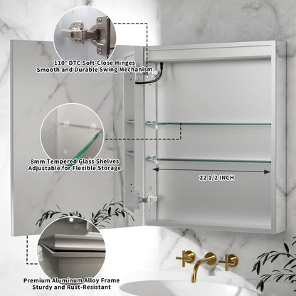 ExBrite 24"W x 30"H LED Medicine Cabinet with Anti-Fog, Stepless Color Temperature and Dimming, Adjustable Shelves, Aluminum Frame, Recessed or Surface Mount, Hinge on Left - ExBriteUSA