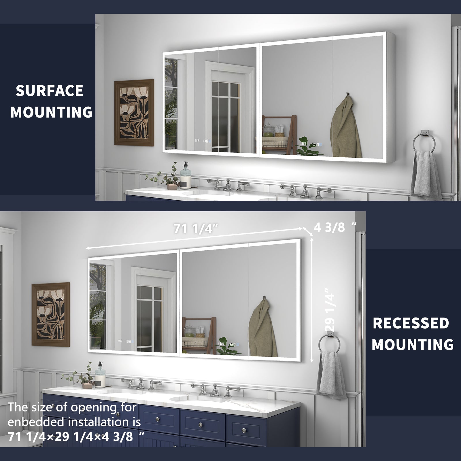 Rim 72" W x 30" H LED Lighted Medicine Cabinet Recessed or Surface with Mirrors - ExBriteUSA