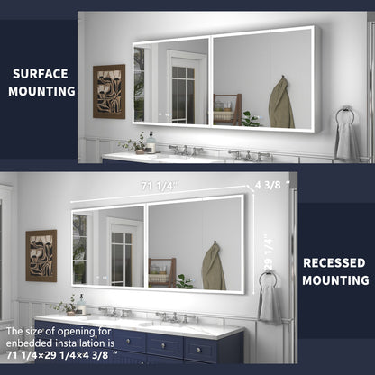 Rim 72" W x 30" H LED Lighted Medicine Cabinet Recessed or Surface with Mirrors - ExBriteUSA