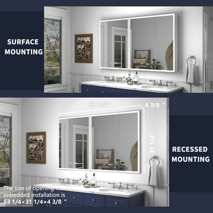 Rim 54" W x 32" H LED Lighted Medicine Cabinet Recessed or Surface with mirrors - ExBriteUSA