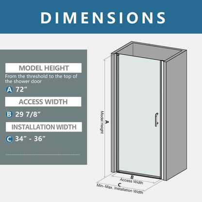 Classy 34-36" W x 72" H Hinged Pivot Semi-Frameless Shower Door Chrome Install Glass Shower Door