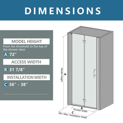 Dimensions diagram for Exbrite Adapt Bifold Shower Door, 36-38 in. width, 72 in. height, brushed nickel finish.