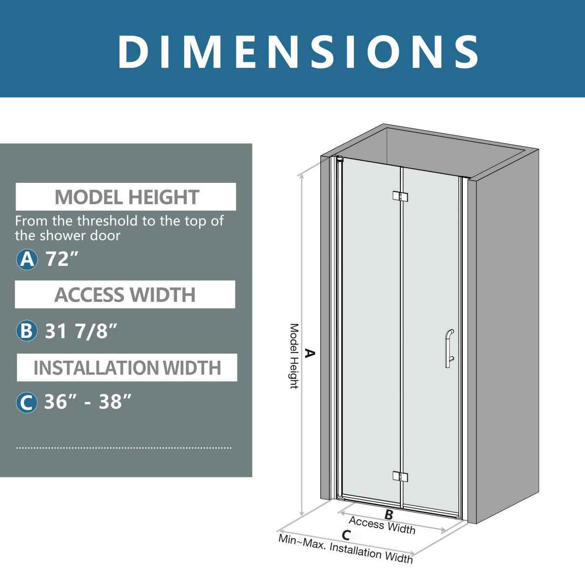 Exbrite Adapt Bifold Shower Door 36-38 in.W x 72 in.H Pivot Swing Shower Doors,Chrome,Clear Tempered Glass
