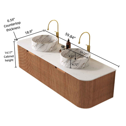 ExBrite DN 60' Bathroom Vanity with Sinks, Wall-Mounted Curved Edges Striped Bathroom Storage Cabinet with 2 Drawers, 2 White Round Ceramic Basin with Stone Pattern, Pre-assembled, Natural Woodgrain Color