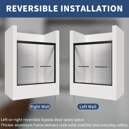 Glide-Bpro 58-60 in. Framed Double Sliding Tub Door,Bypass Bathtub Shower Tempered Glass Door,Matte Black,Explosion-Proof Film