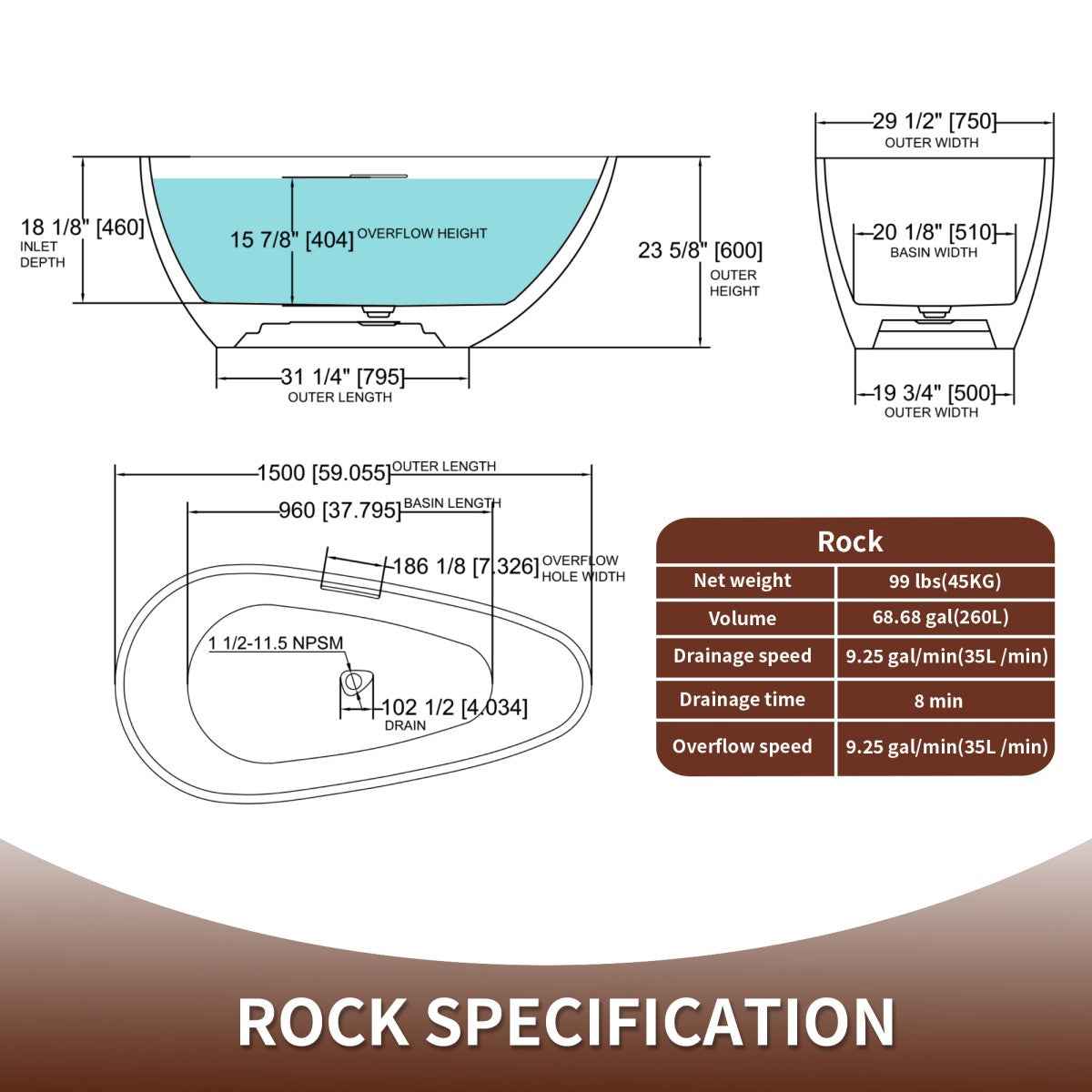 Allsumhome RockE 59" Imitation Natural Stone Freestanding Bathtub,Stone Touch,Pink,Scratch-proof,cUPC Certified,No Drain