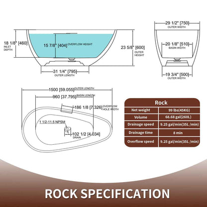 Allsumhome RockE 59" Imitation Natural Stone Freestanding Bathtub,Stone Touch,Pink,Scratch-proof,cUPC Certified,No Drain