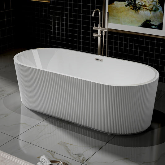 WSP-NK Exbrite 67' Acrylic Freestanding Bathtub, Unique Pleated Design, Glossy White,  Brushed Nickel  Overflow and Pop-Up Drain, cUPC Certified