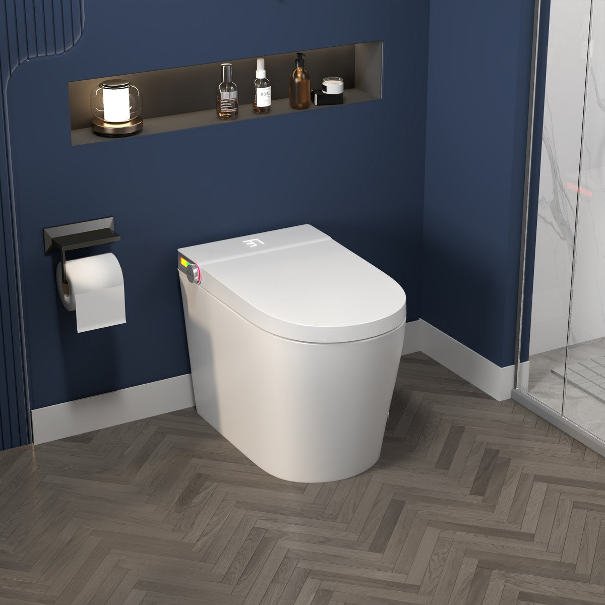 Exbrite Smart Toilet With Foot Sensing Open Cover & Seat, No Water Pressure Limitation, Night Light, Leakage Protection, Side Knob With Multiple Controls, Remote Control, Auto Flushing, White Screen - ExBriteUSA