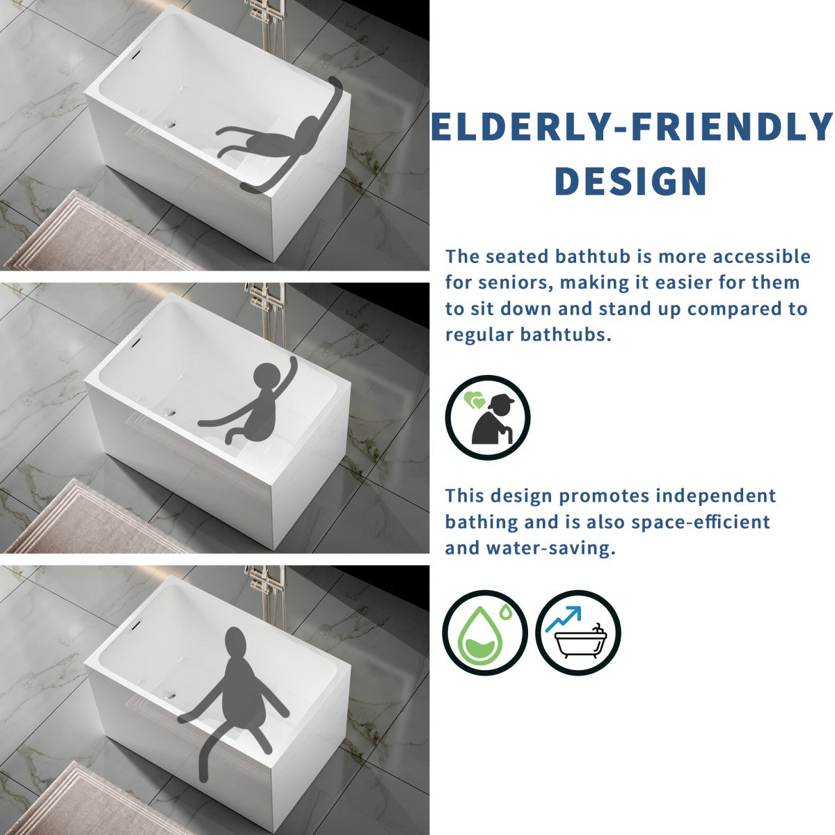 SQ-S Exbrite 43' Acrylic Freestanding Bathtub with seat,Spacious rectangle Shape, Gloss White Finish, Chrome Overflow & Pop-Up Drain - ExBriteUSA