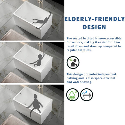 SQ-S Exbrite 43' Acrylic Freestanding Bathtub with seat,Spacious rectangle Shape, Gloss White Finish, Chrome Overflow & Pop-Up Drain - ExBriteUSA