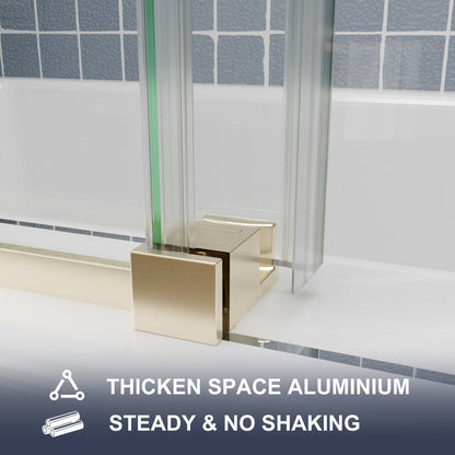 Zephyr 56-60" Semi-Frameless Single Sliding Tub Door,Brushed Gold,Bypass Bathtub Shower Tempered Glass Door with Explosion-Proof Film