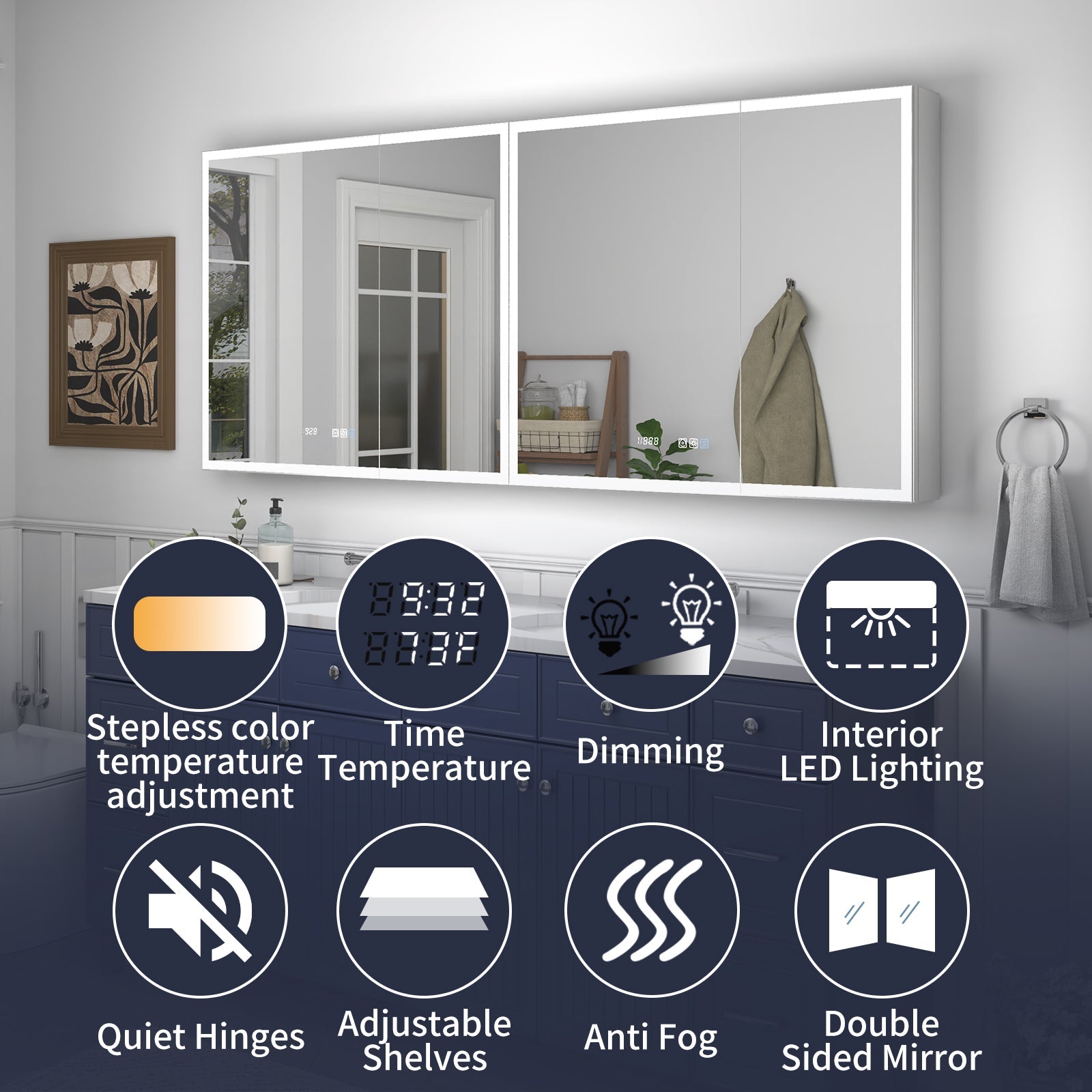 Rim 72" W x 30" H LED Lighted Medicine Cabinet Recessed or Surface with Mirrors - ExBriteUSA