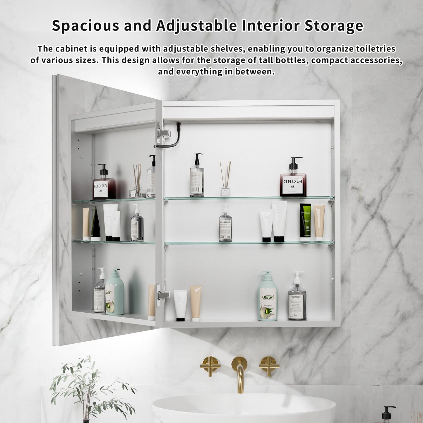 ExBrite 24"W x 30"H LED Medicine Cabinet with Anti-Fog, Stepless Color Temperature and Dimming, Adjustable Shelves, Aluminum Frame, Recessed or Surface Mount, Hinge on Left - ExBriteUSA
