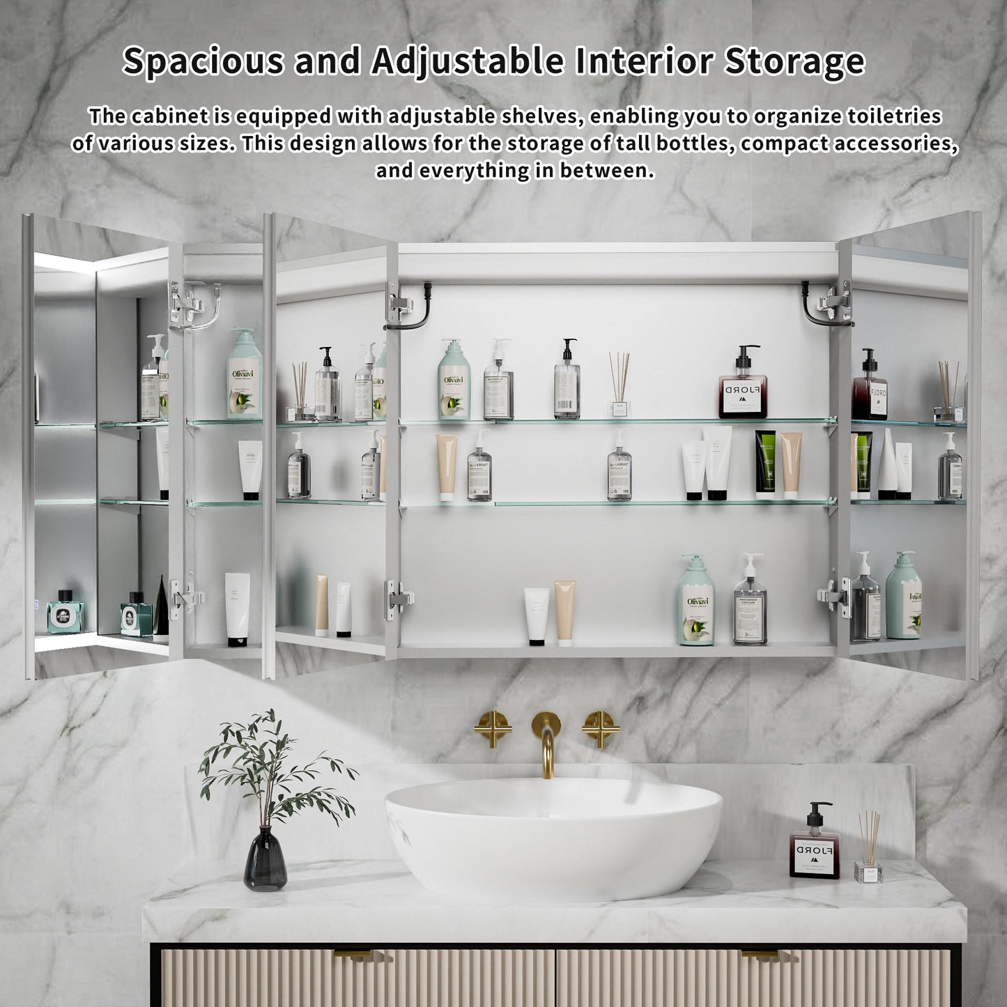 ExBrite 48"W x 30"H LED Medicine Cabinet with Anti-Fog, Stepless Color Temperature and Dimming, Adjustable Shelves, Aluminum Frame, Recessed or Surface Mount - ExBriteUSA