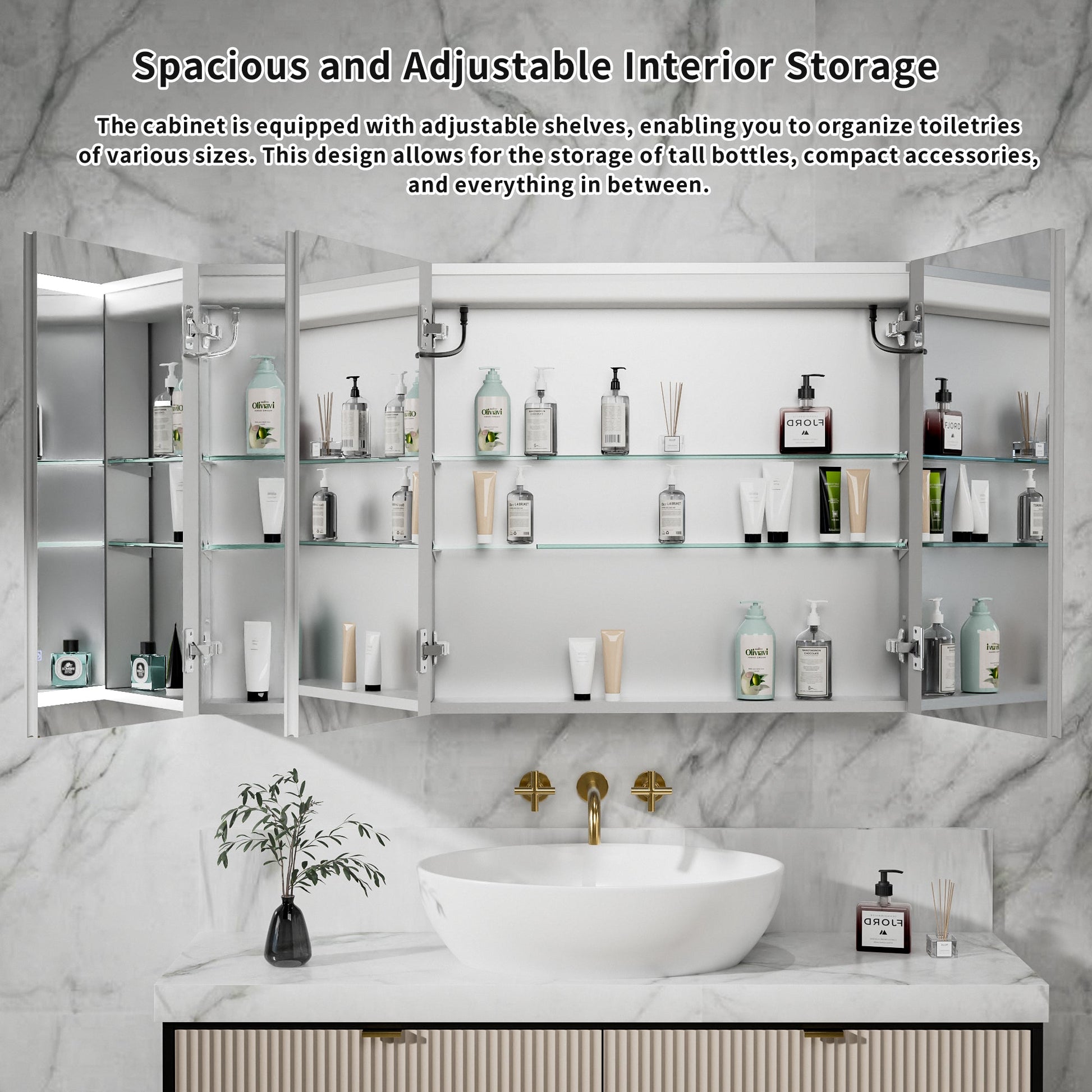 ExBrite 48"W x 30"H LED Medicine Cabinet with Anti-Fog, Stepless Color Temperature and Dimming, Adjustable Shelves, Aluminum Frame, Recessed or Surface Mount - ExBriteUSA
