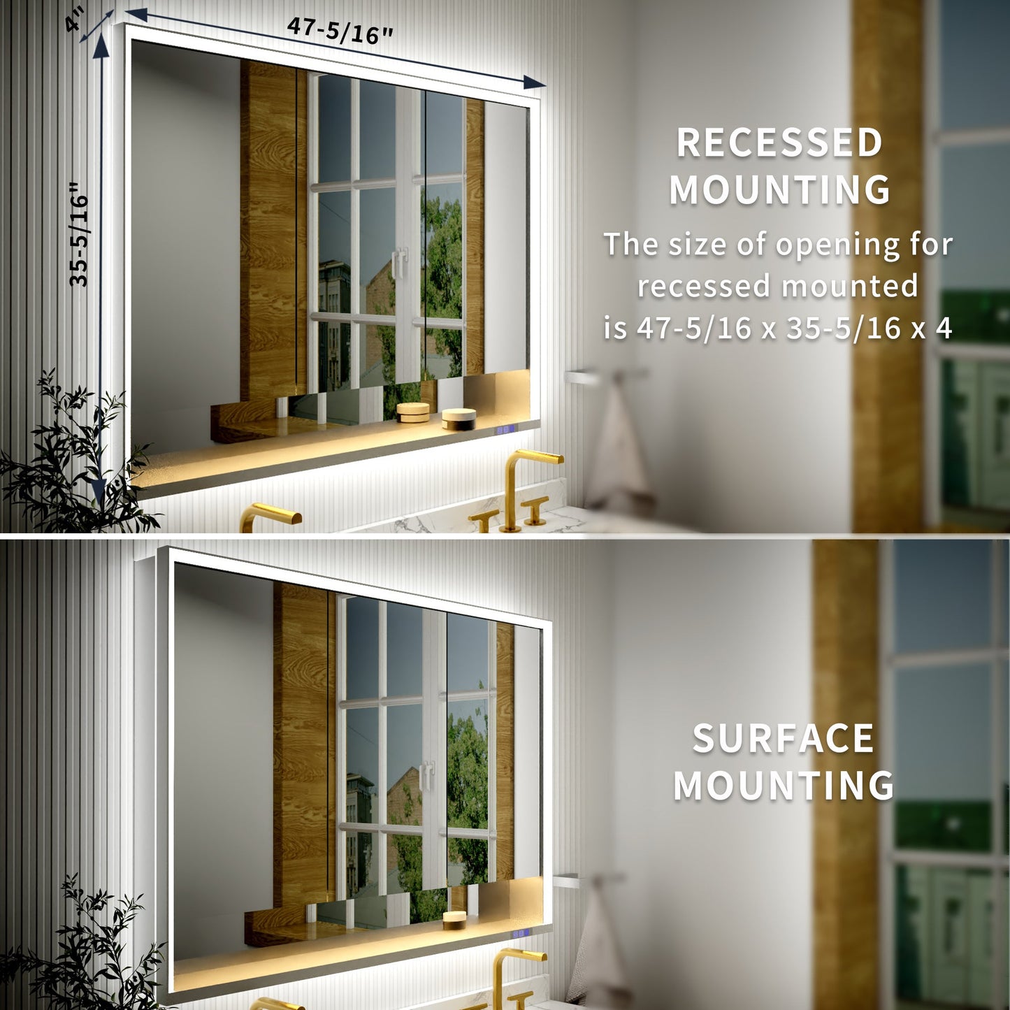 Ample 48" W x 36" H LED Lighted Chrome Medicine Cabinet with Mirror and Shelves for Bathroom Recessed or Surface Mount - ExBriteUSA