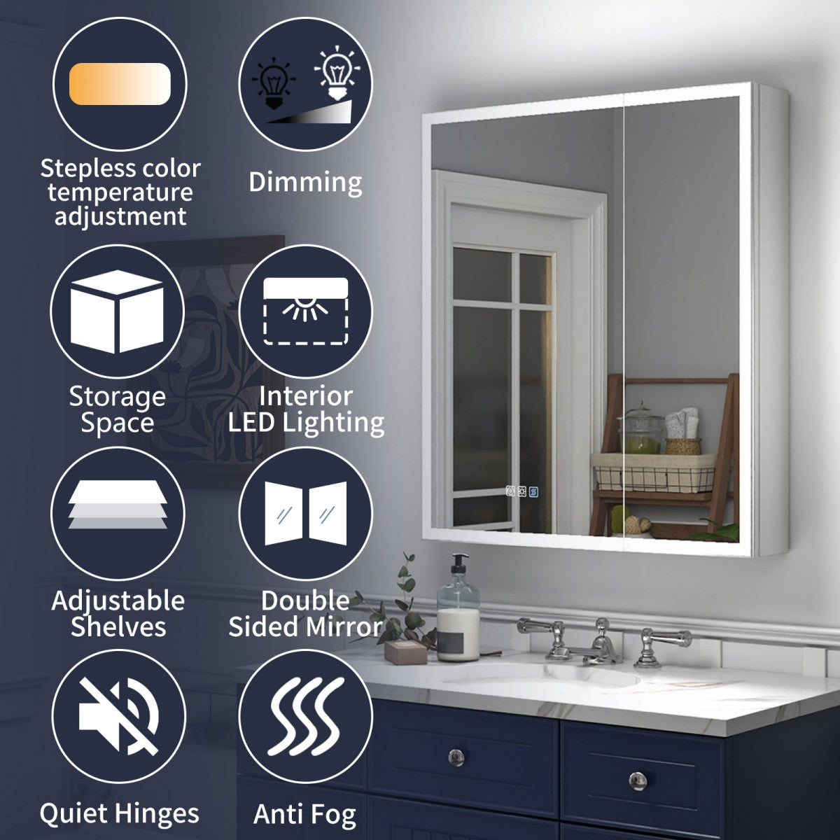 Rim 32 Inch Medicine Cabinet with LED Lights - 28" W x 32" H Recessed or Surface Mount with Mirrors