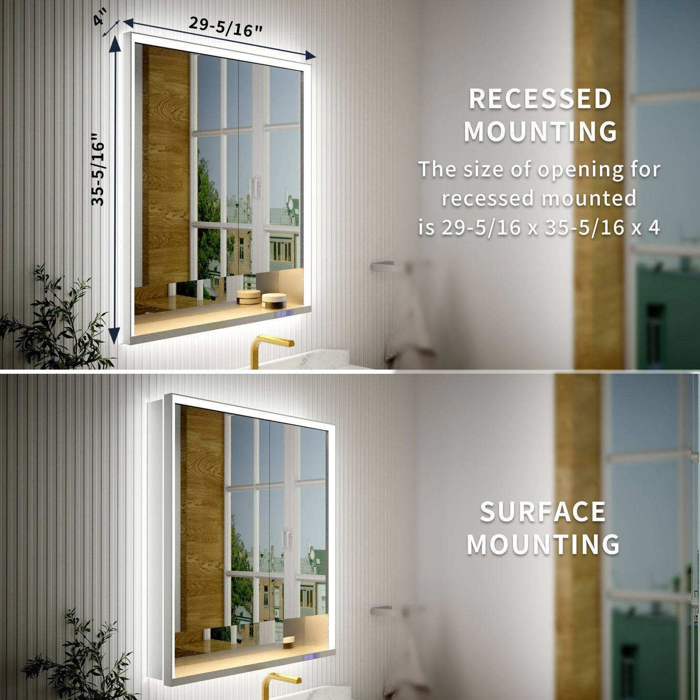 Ample 30" W x 36" H LED Lighted Chrome Medicine Cabinet with Mirror and Shelves for Bathroom Recessed or Surface Mount - ExBriteUSA