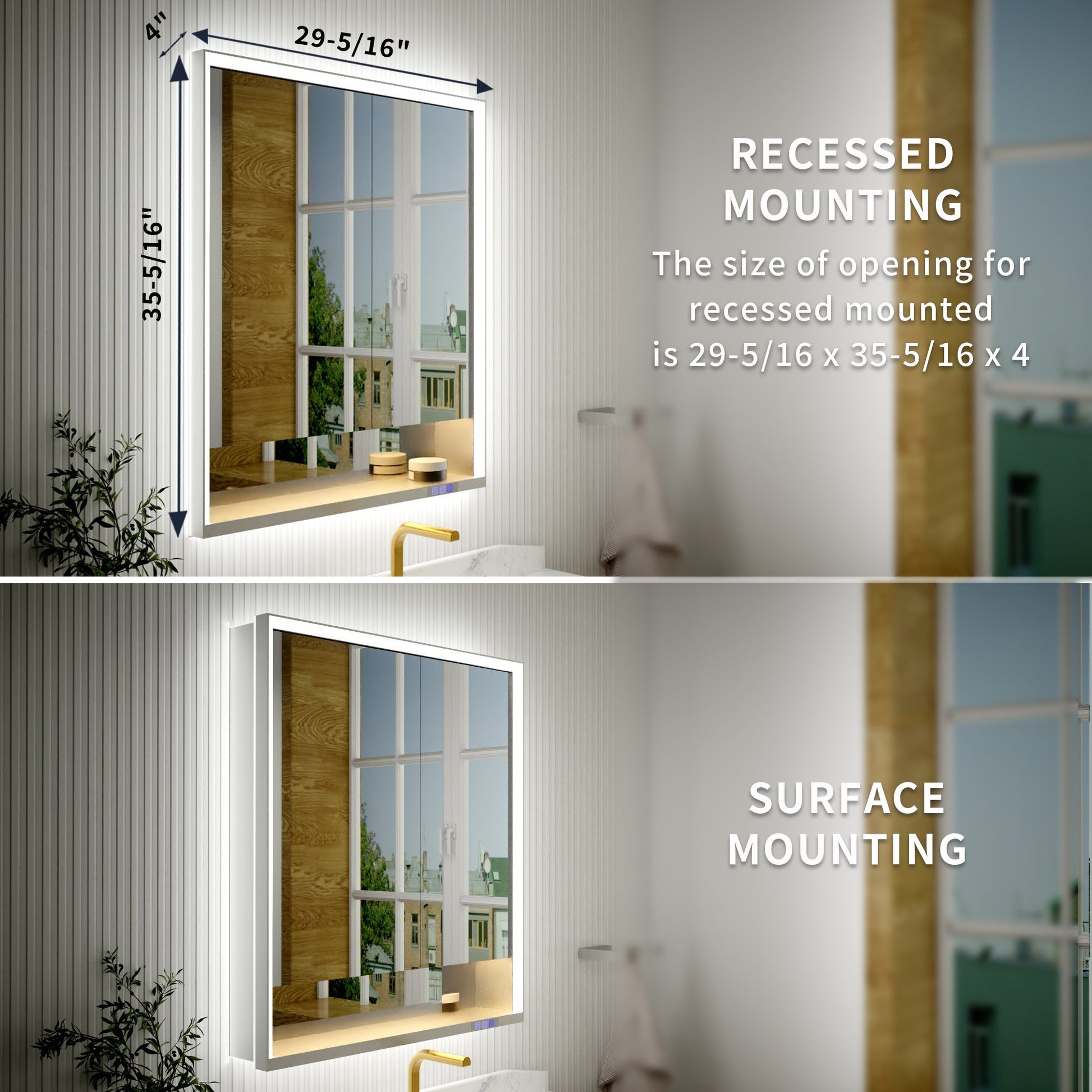 Ample 30" W x 36" H LED Lighted Chrome Medicine Cabinet with Mirror and Shelves for Bathroom Recessed or Surface Mount - ExBriteUSA