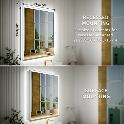 Ample 30" W x 36" H LED Lighted Chrome Medicine Cabinet with Mirror and Shelves for Bathroom Recessed or Surface Mount - ExBriteUSA