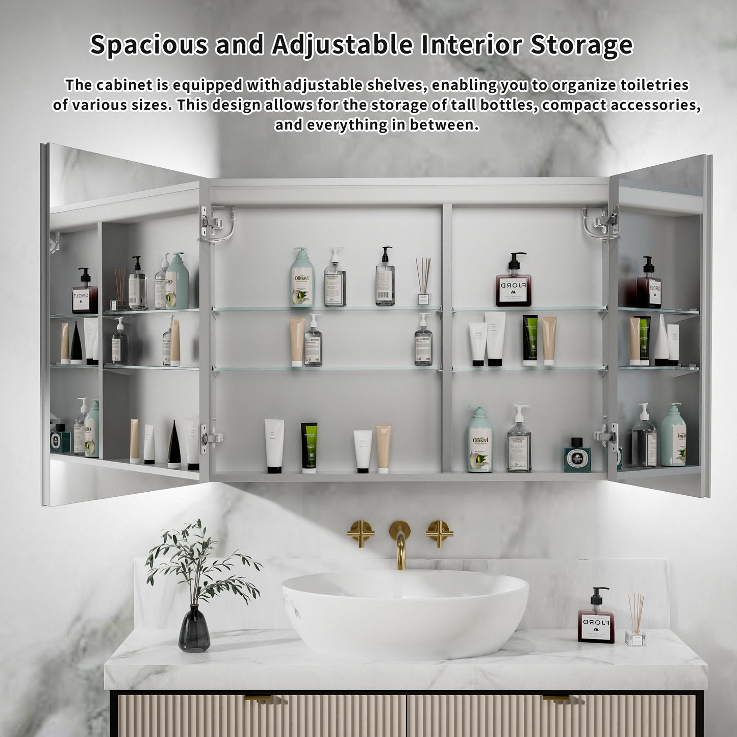 ExBrite 40"W x 30"H LED Medicine Cabinet with Anti-Fog, Stepless Color Temperature and Dimming, Adjustable Shelves, Aluminum Frame, Recessed or Surface Mount - ExBriteUSA