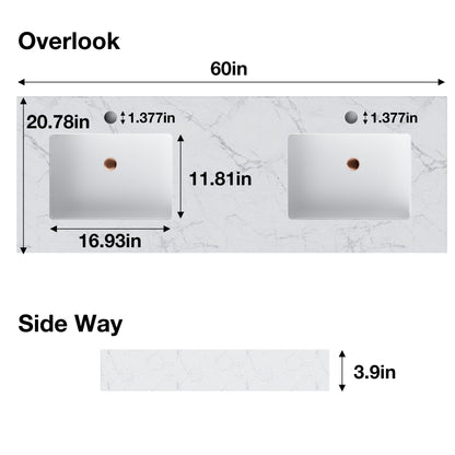 Glam 60" Modern Floating Black Rubberwood Bathroom Vanity Cabinet with Lights and Stone Slab Countertop, Dual Sinks